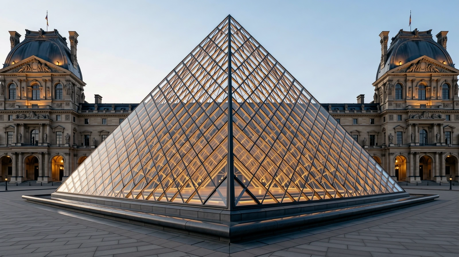 Louvre Pyramideneingang bei Dämmerung